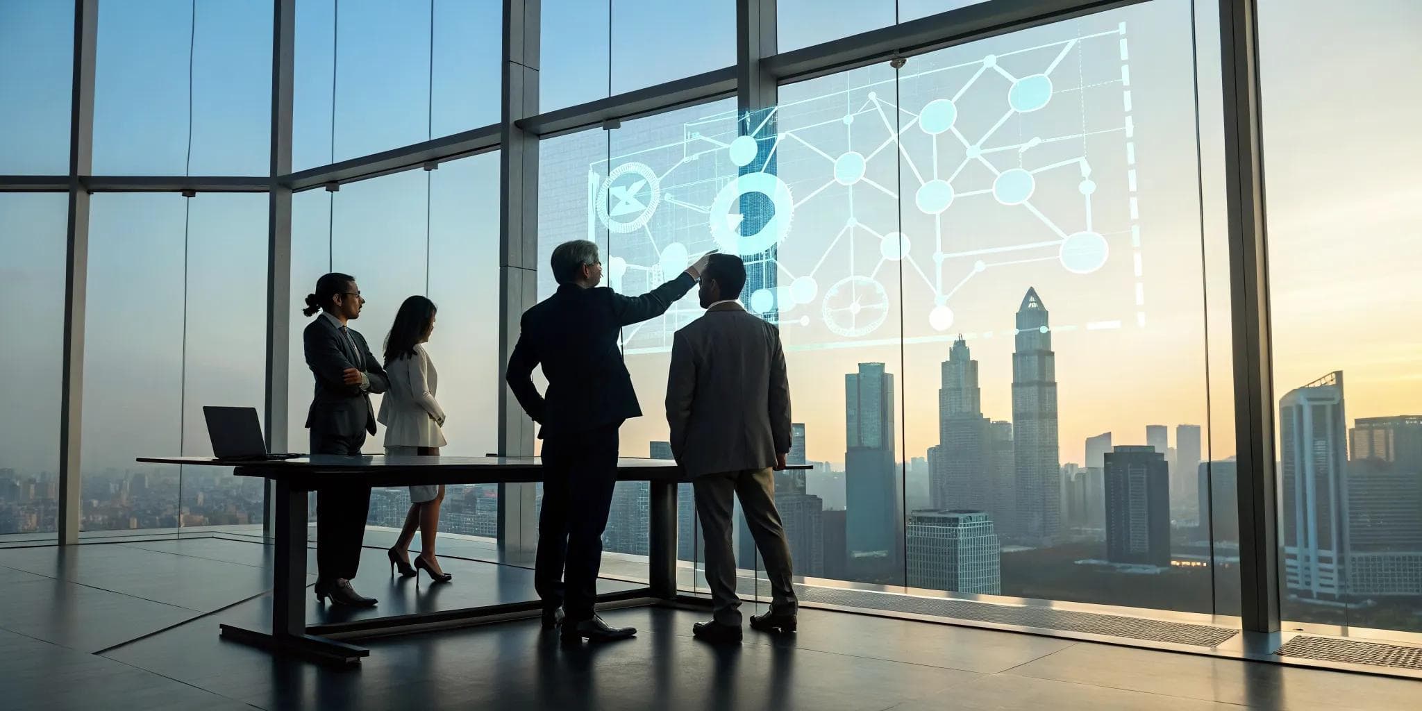 A business team works with an IT consultant to plan a new technology strategy.