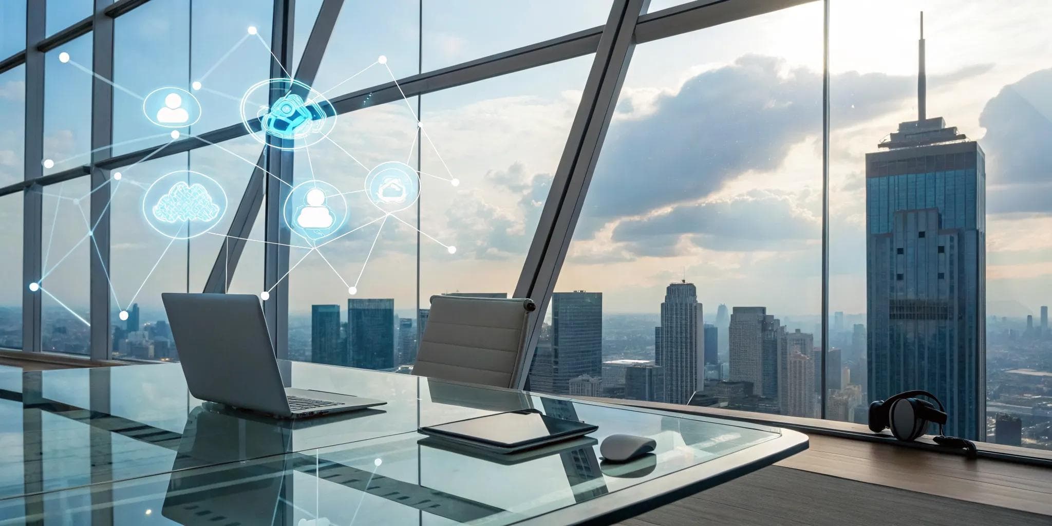 A laptop and tablet displaying icons that represent the core IT services for a modern business.