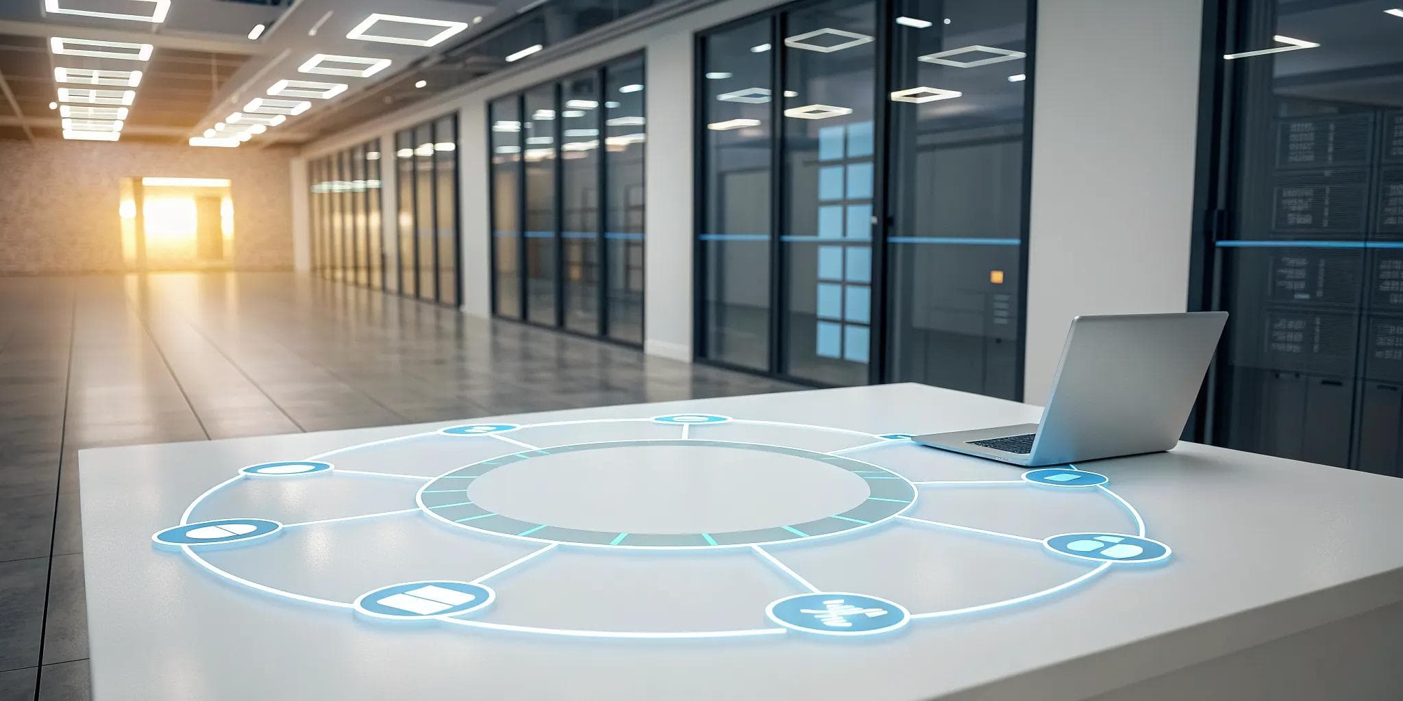 Laptop in an IT office showing a workflow for process optimization.