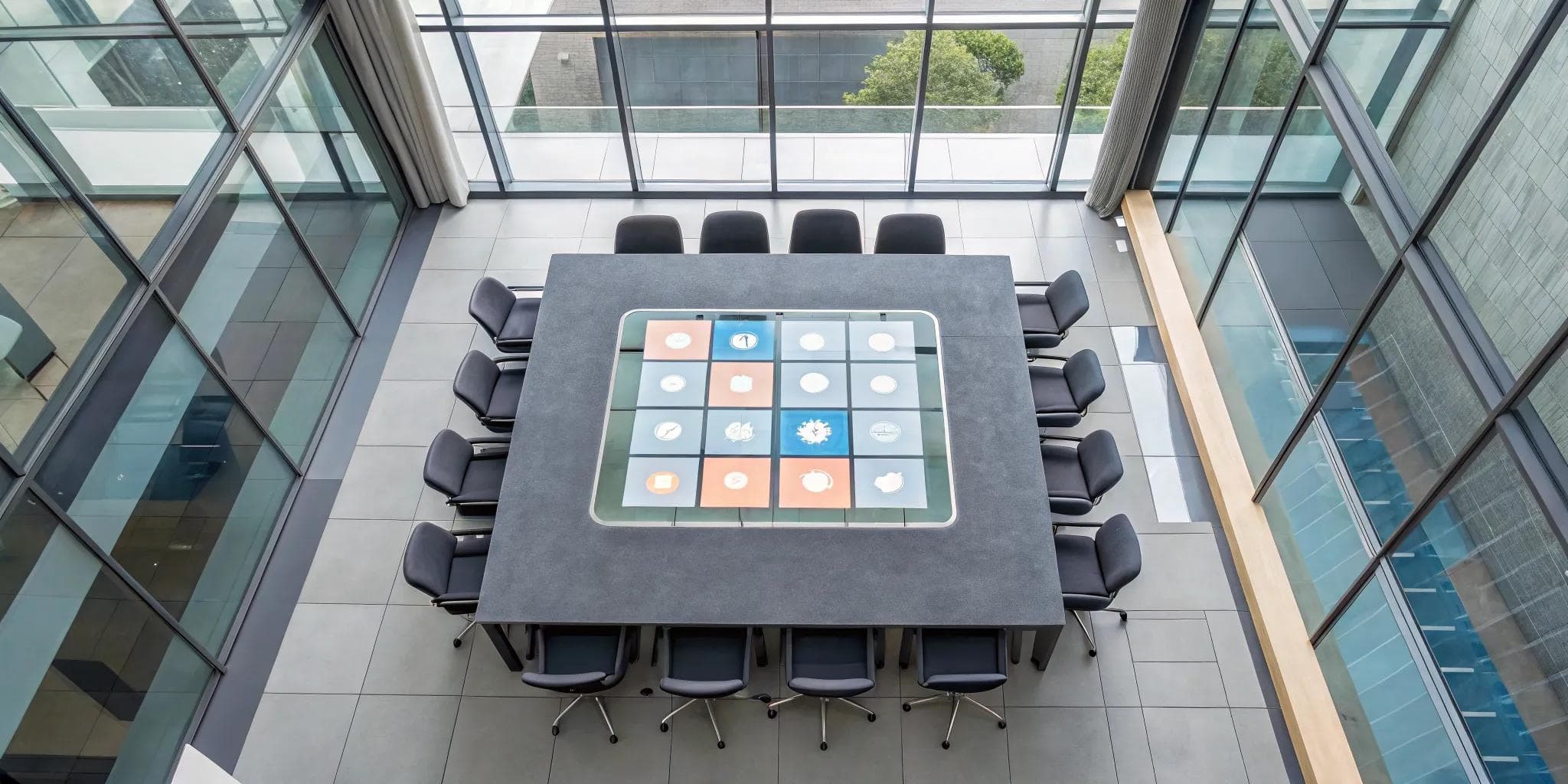 An IT vendor comparison framework matrix on a conference room table.