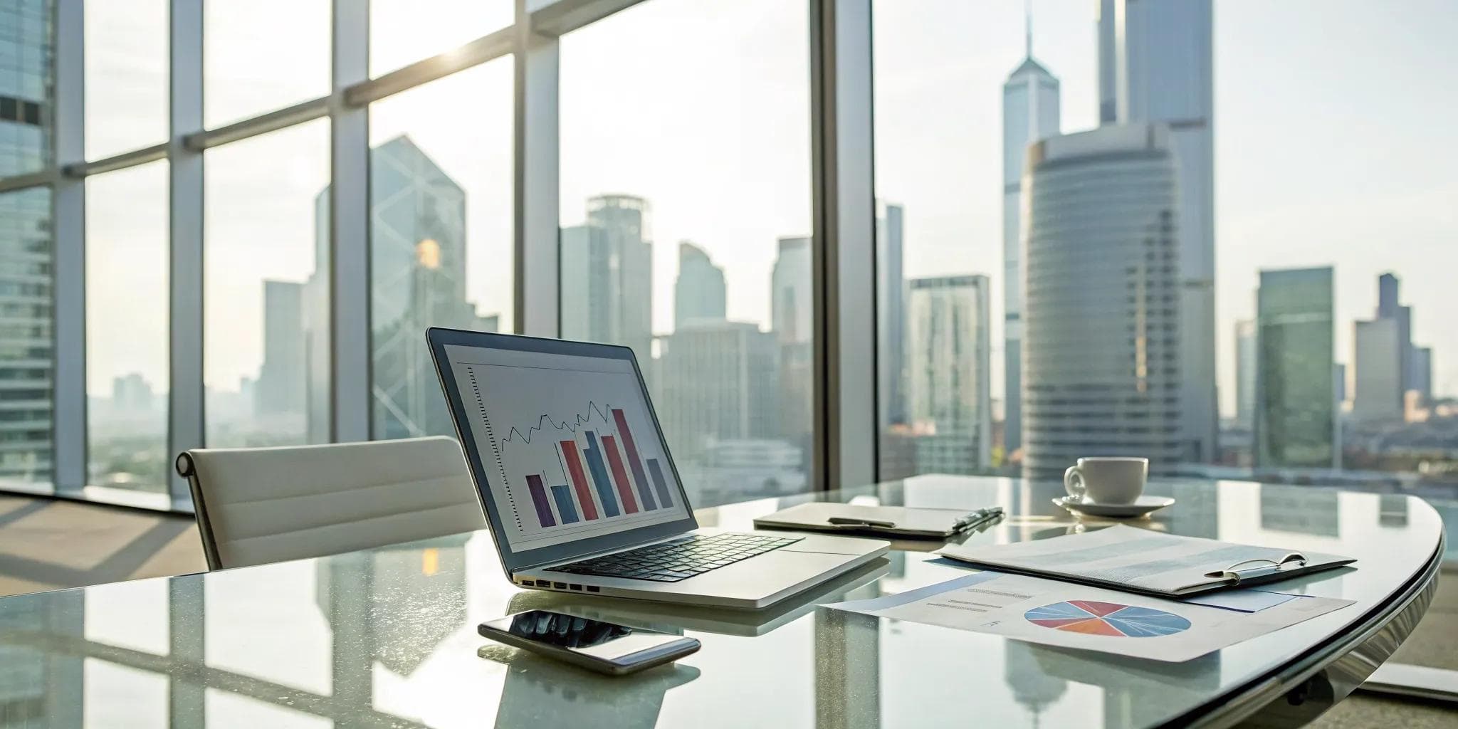 A laptop on a desk showing an IT vendor management services dashboard with performance analytics.