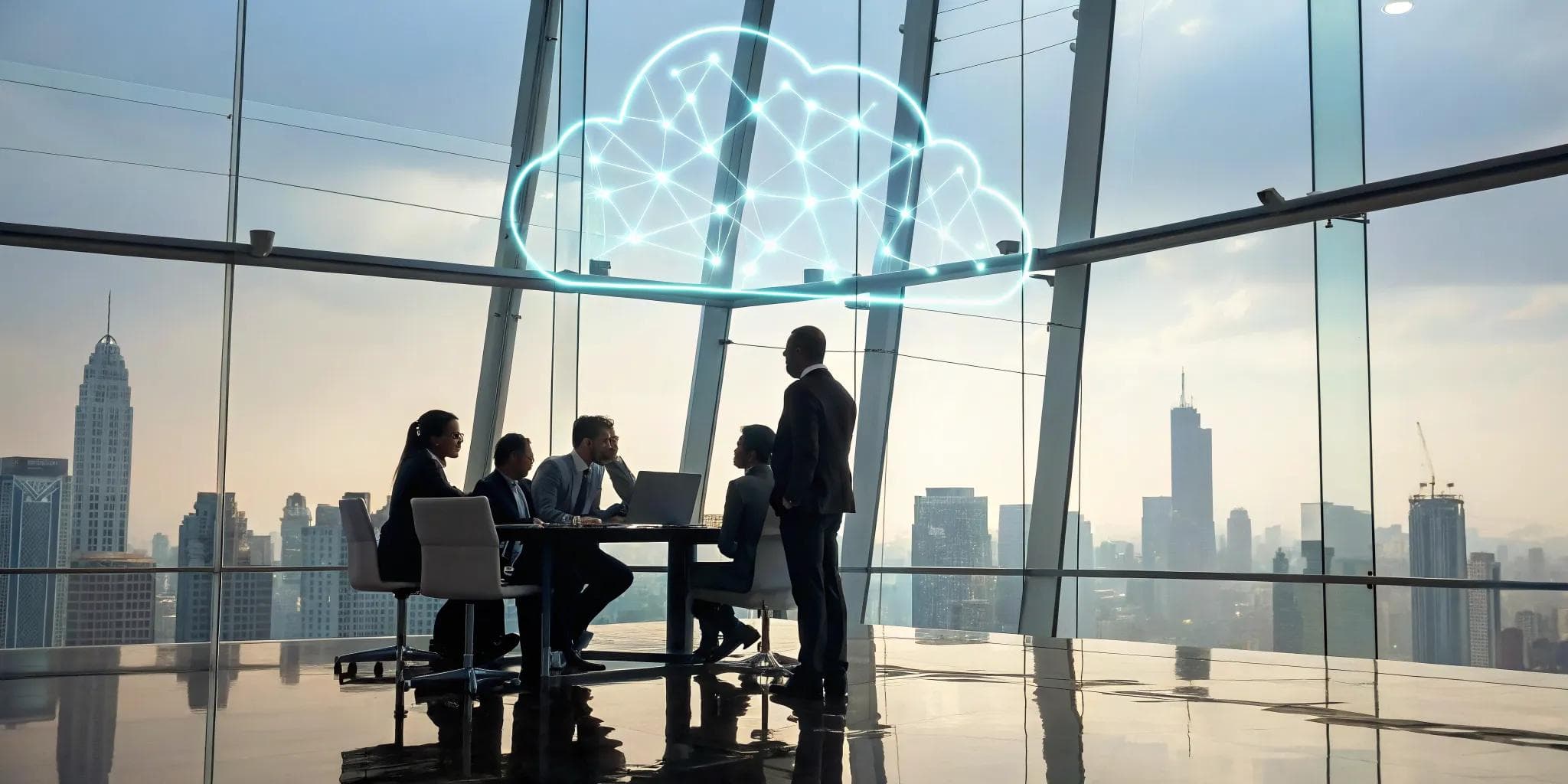 A cloud strategy consultant advising a business team during a planning meeting.