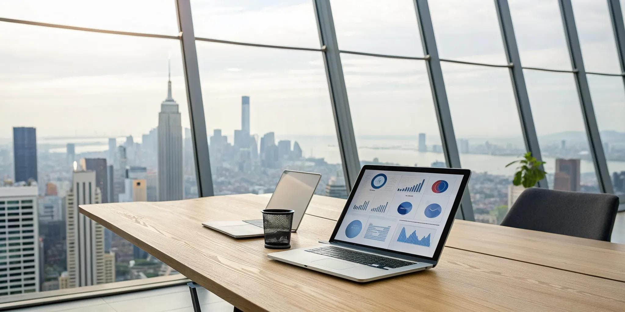 A laptop displaying charts and data from an IT purchasing consulting quote in an office.