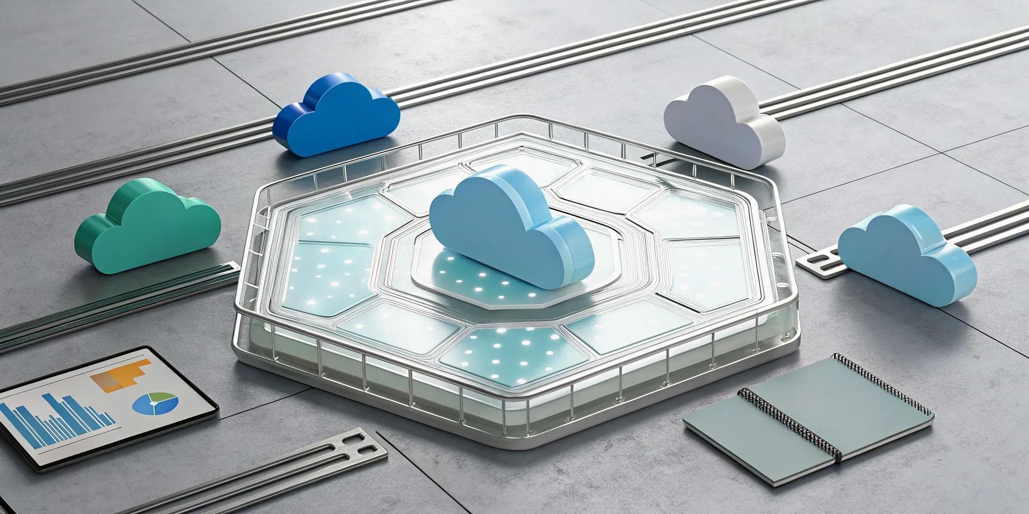 A framework of connected cloud icons for multi-cloud procurement services.