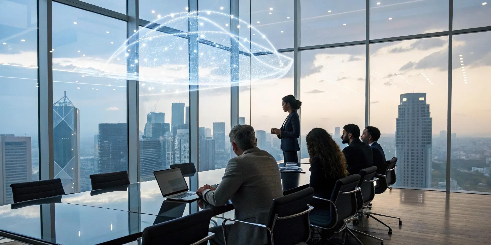 Consultants review a digital network graphic with a business team to plan a network transformation.