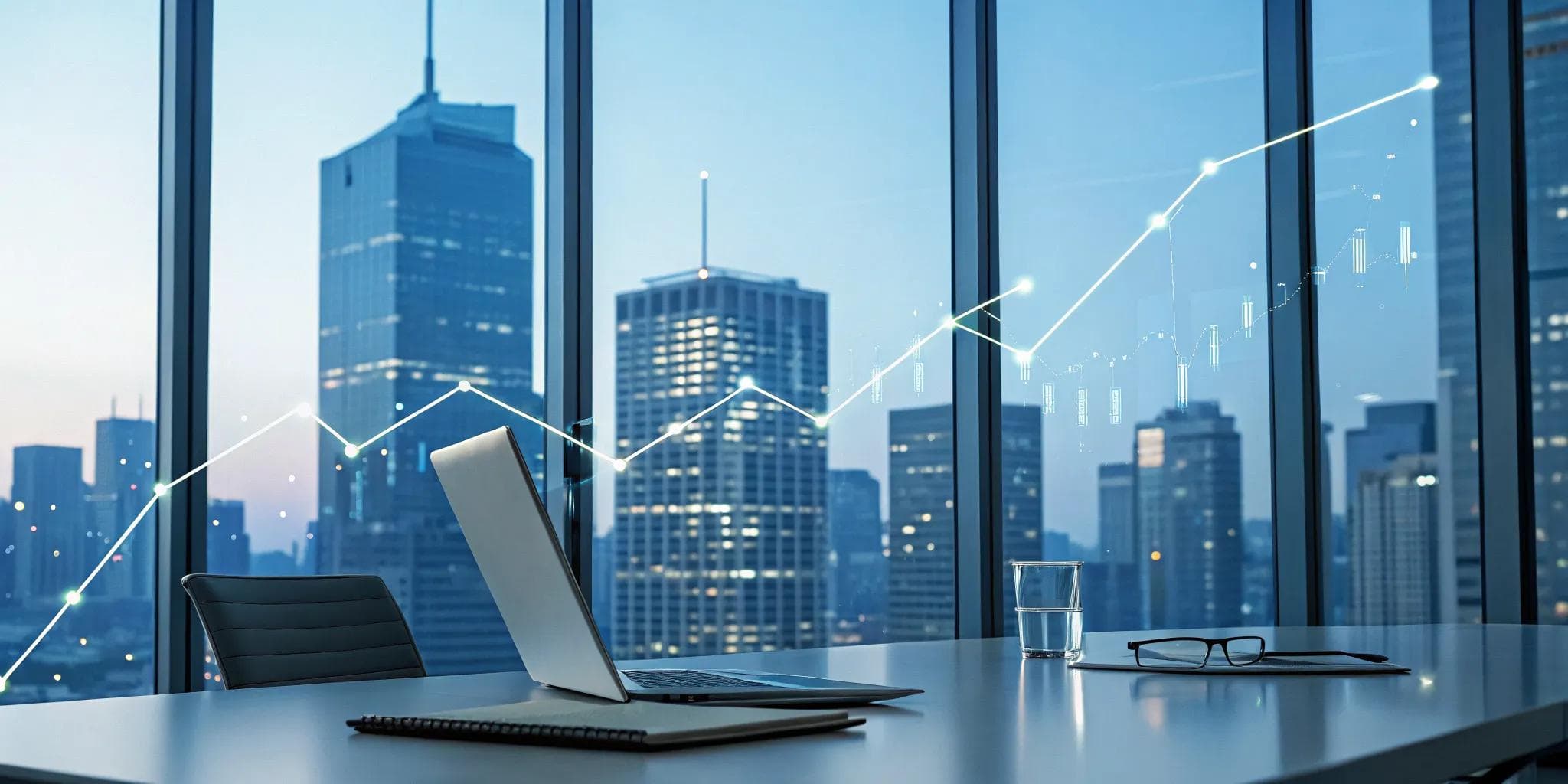 Laptop in a city office with a rising graph overlay demonstrating maximizing IT investment ROI.