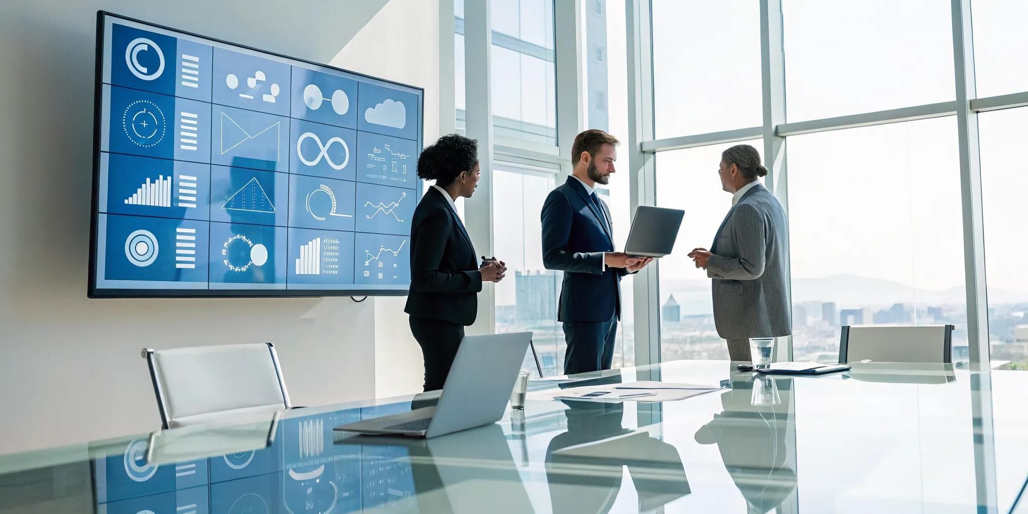 A team analyzes data on a screen during an IT vendor evaluation for new services.