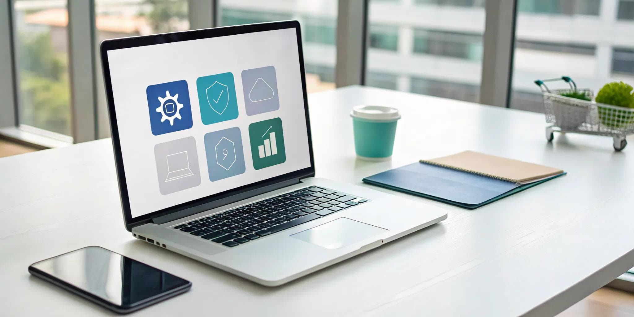 Laptop displaying an IT procurement platform demo with key feature icons on screen.