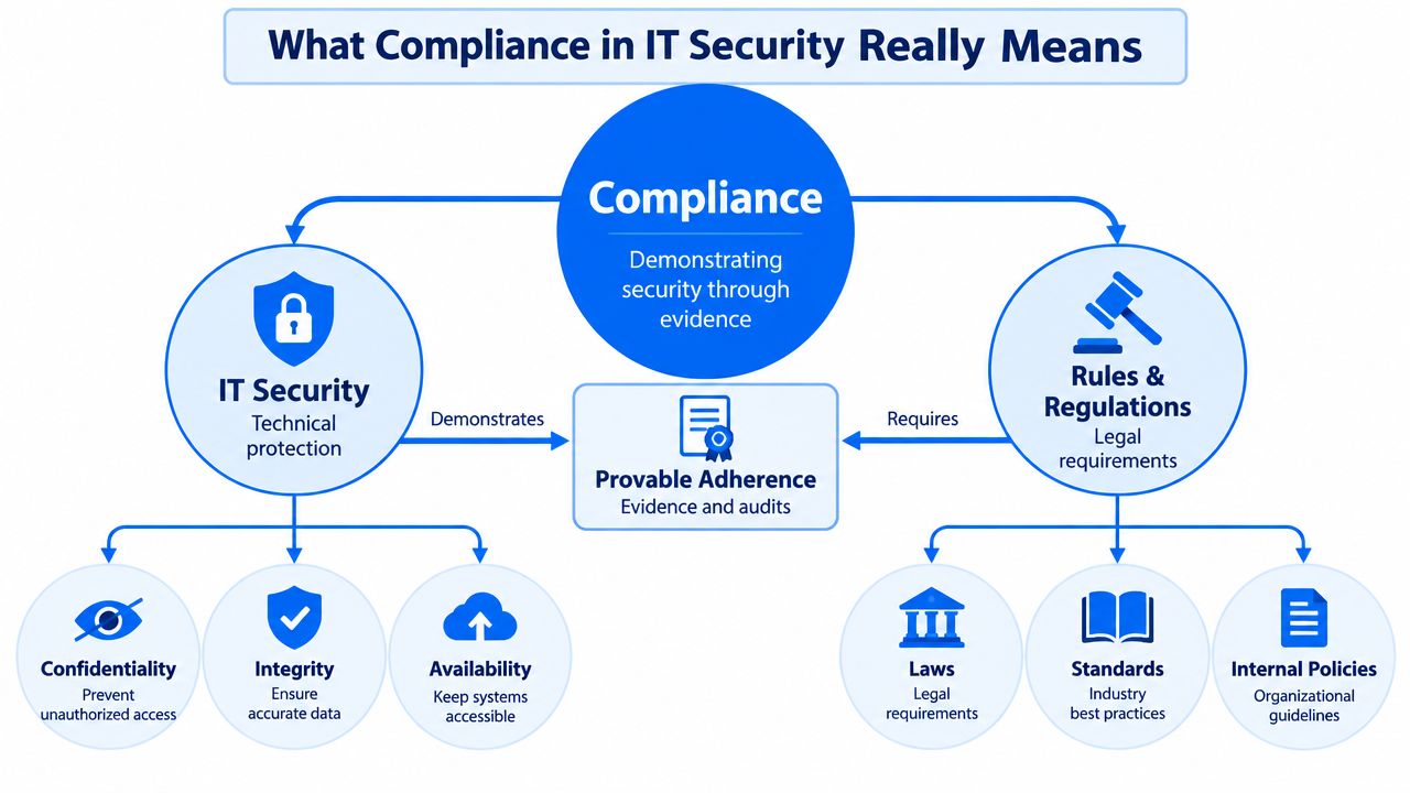 A diagram explaining IT compliance by connecting security protection and legal regulations through evidence and audits.