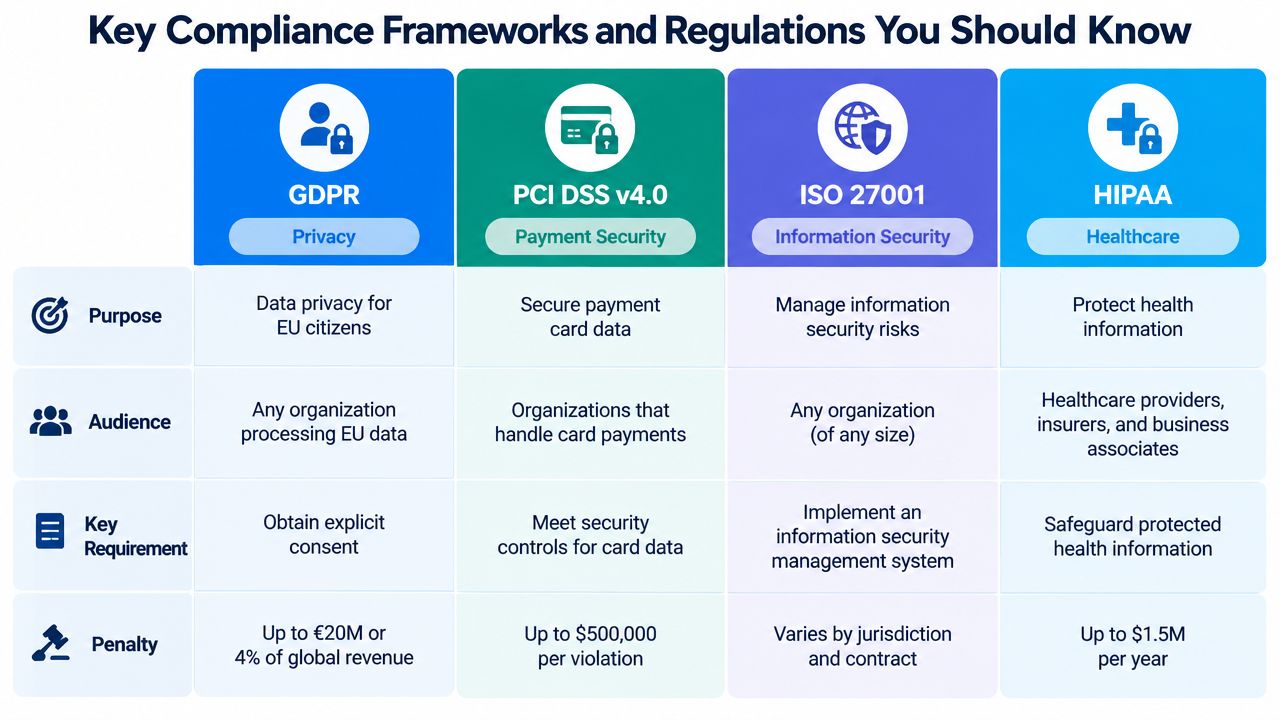 A comparison chart outlining key compliance frameworks including GDPR, PCI DSS v4.0, ISO 27001, and HIPAA regulations.