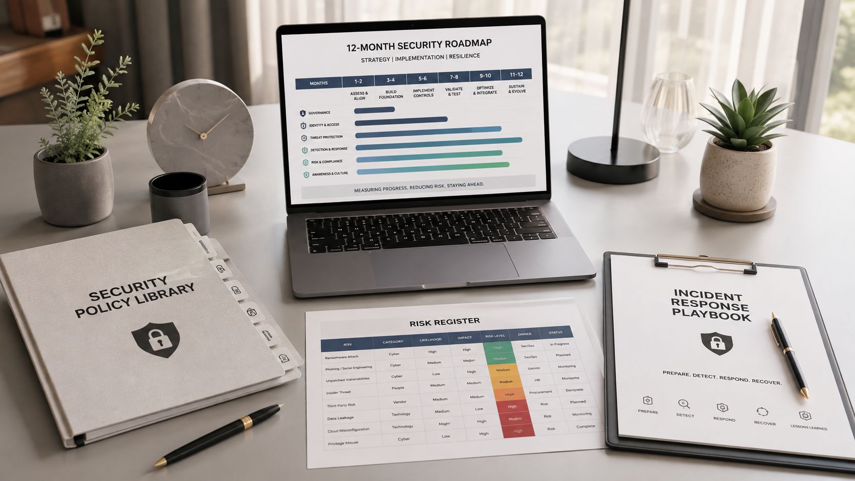 A professional desk setup featuring a laptop displaying a security roadmap, risk register, and incident response playbook.