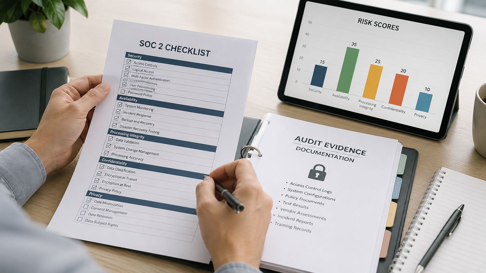 A professional working on SOC 2 compliance documentation, audit evidence, and risk assessment scores on a tablet.