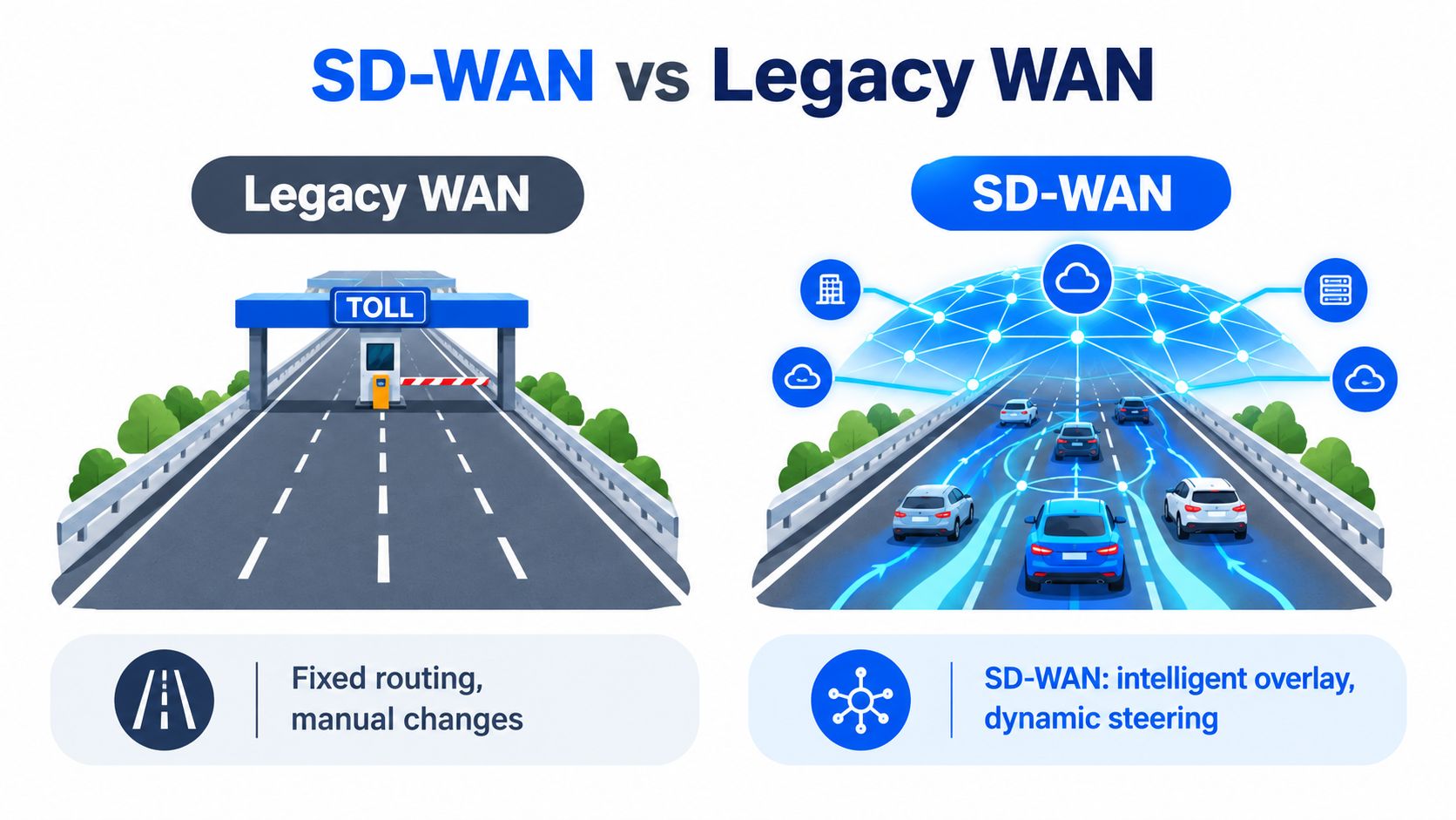 A comparison graphic showing Legacy WAN as a restricted toll road versus SD-WAN as an intelligent, dynamic highway.