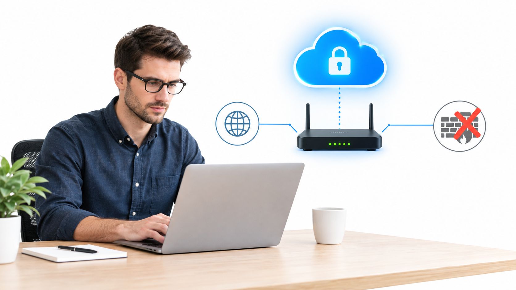 A professional man working on a laptop with a digital illustration representing SD-WAN technology.
