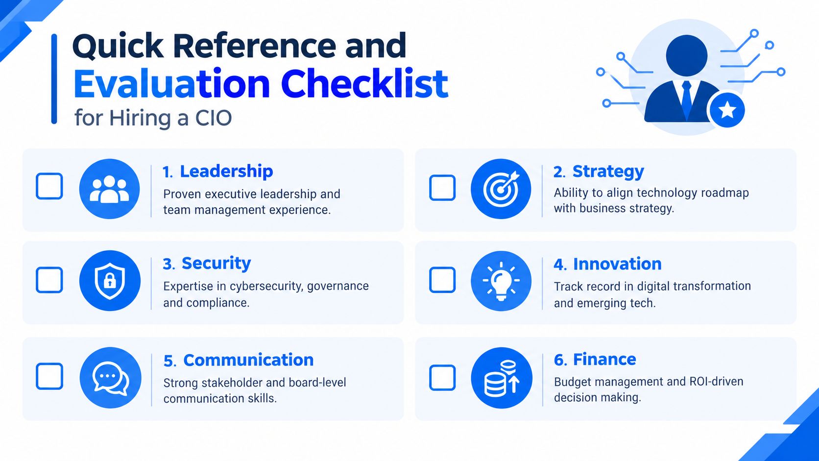 An infographic checklist for evaluating CIO candidates, featuring six essential skills for executive technology leadership.