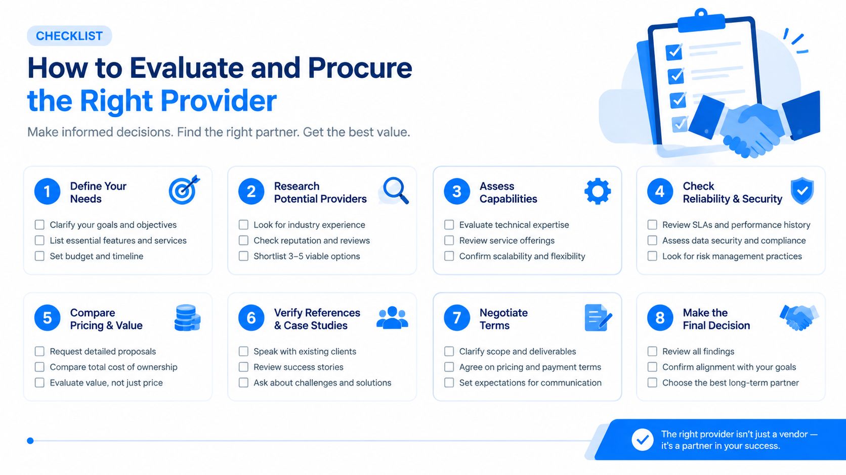 An eight-step checklist infographic guiding businesses on how to evaluate and procure the right service provider effectively.