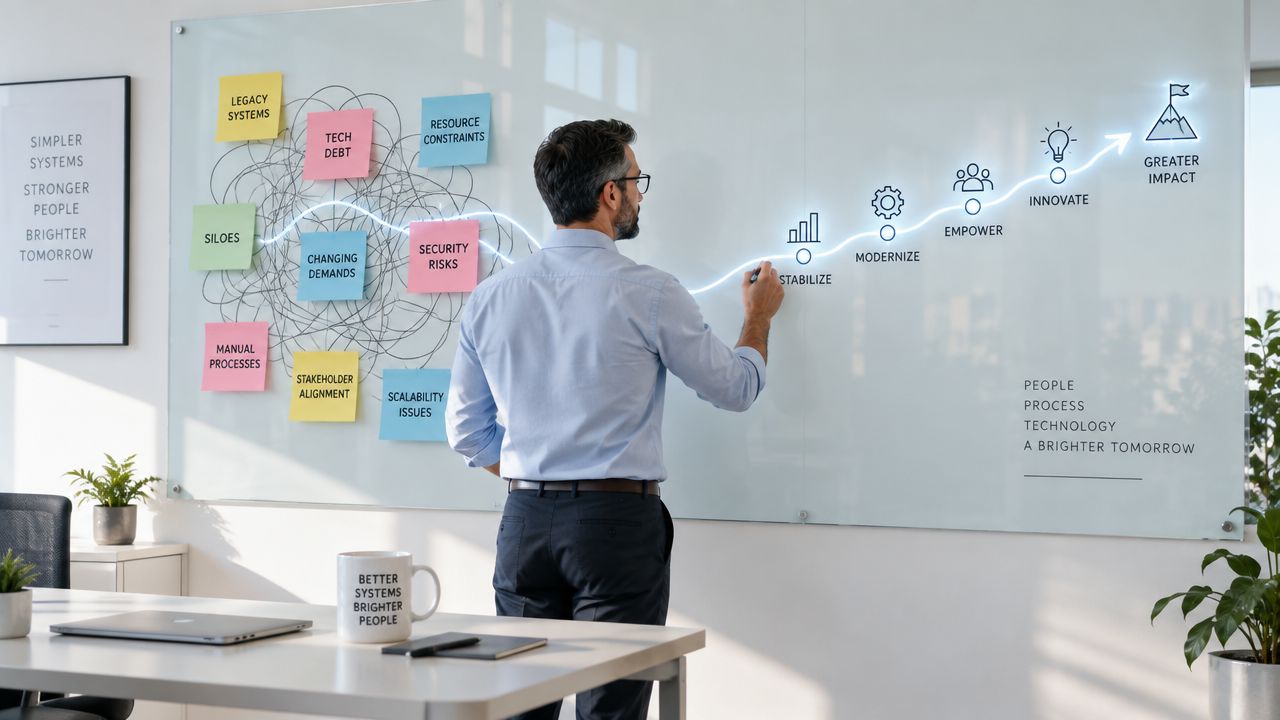 A professional man drawing a digital growth strategy path on a glass whiteboard in an office setting.