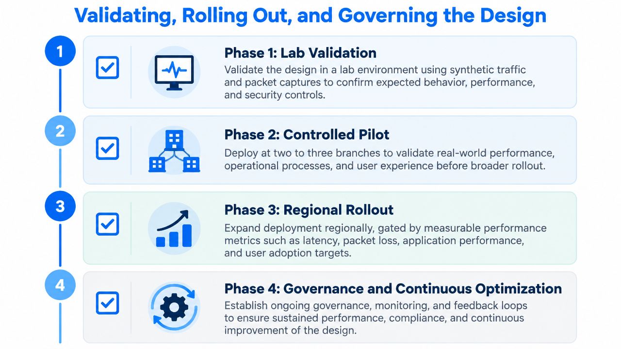 A four-phase diagram outlining the process for validating, rolling out, and governing network design projects.