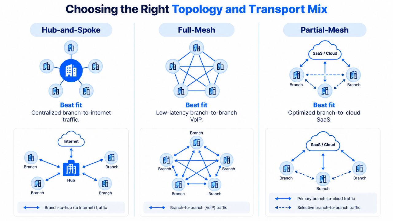 A chart comparing hub-and-spoke, full-mesh, and partial-mesh network topologies for optimized SD-WAN traffic management and design.