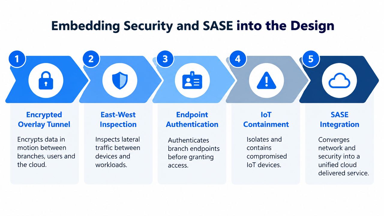 A five-step diagram illustrating the process of embedding security and SASE into network design.