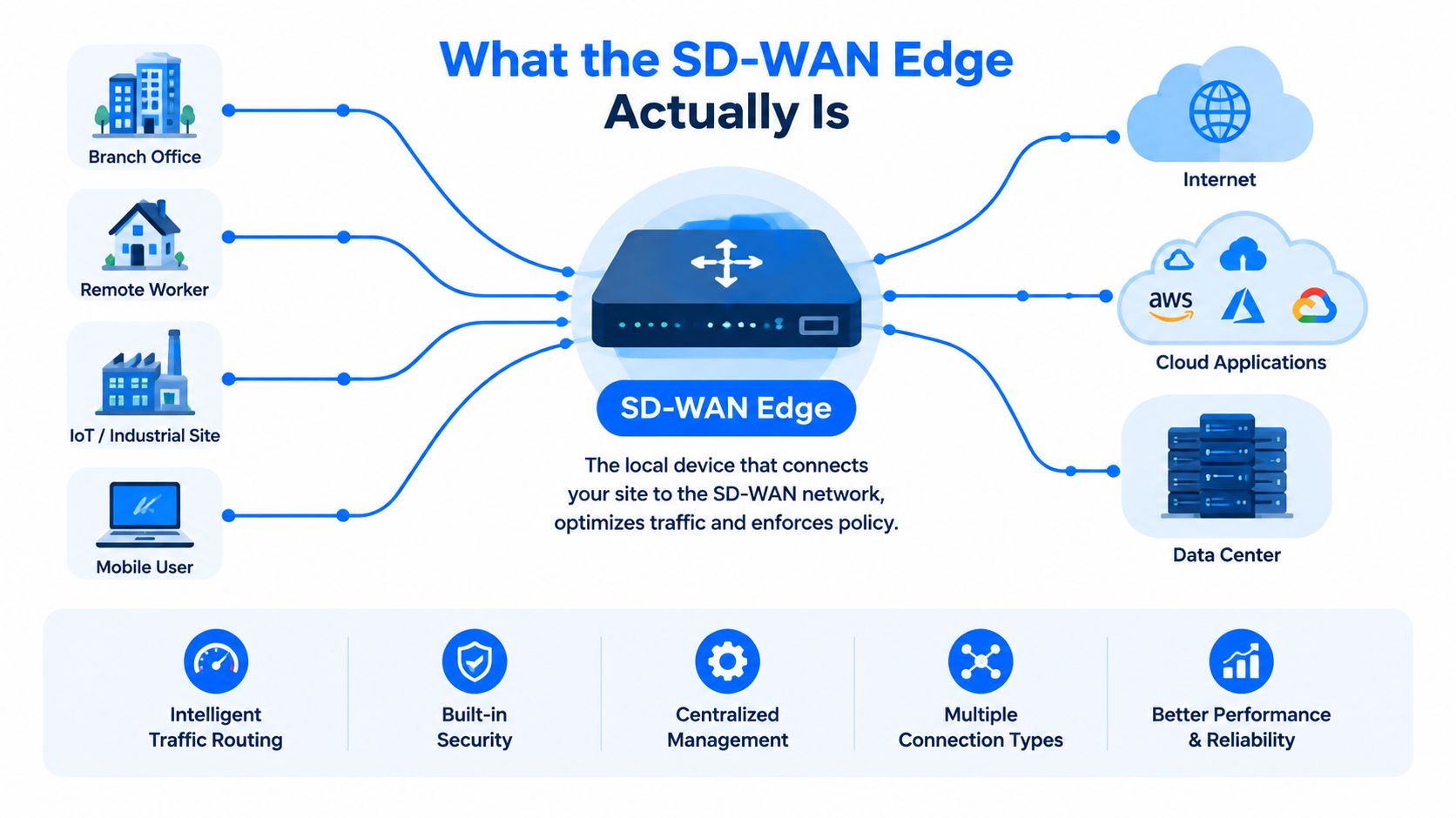 A diagram illustrating how an SD-WAN edge device connects various sites to the internet, cloud applications, and data centers.