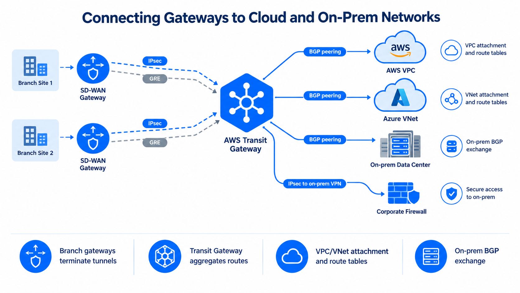 A technical diagram illustrating network connectivity between SD-WAN gateways, AWS Transit Gateway, and various cloud and on-premise environments.