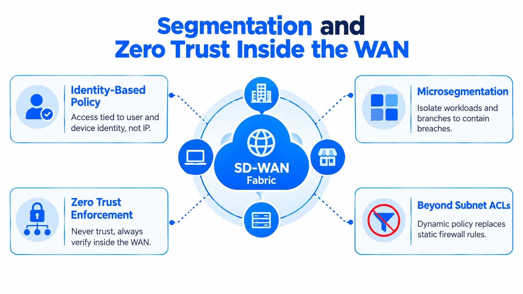 A diagram illustrating how segmentation and zero trust concepts are applied within an SD-WAN security fabric architecture.