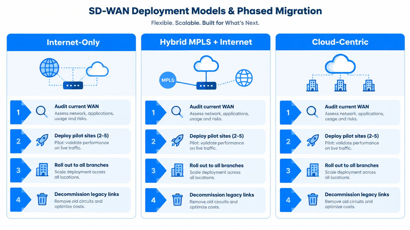 A diagram illustrating SD-WAN deployment models and phased migration steps for three network connectivity approaches.