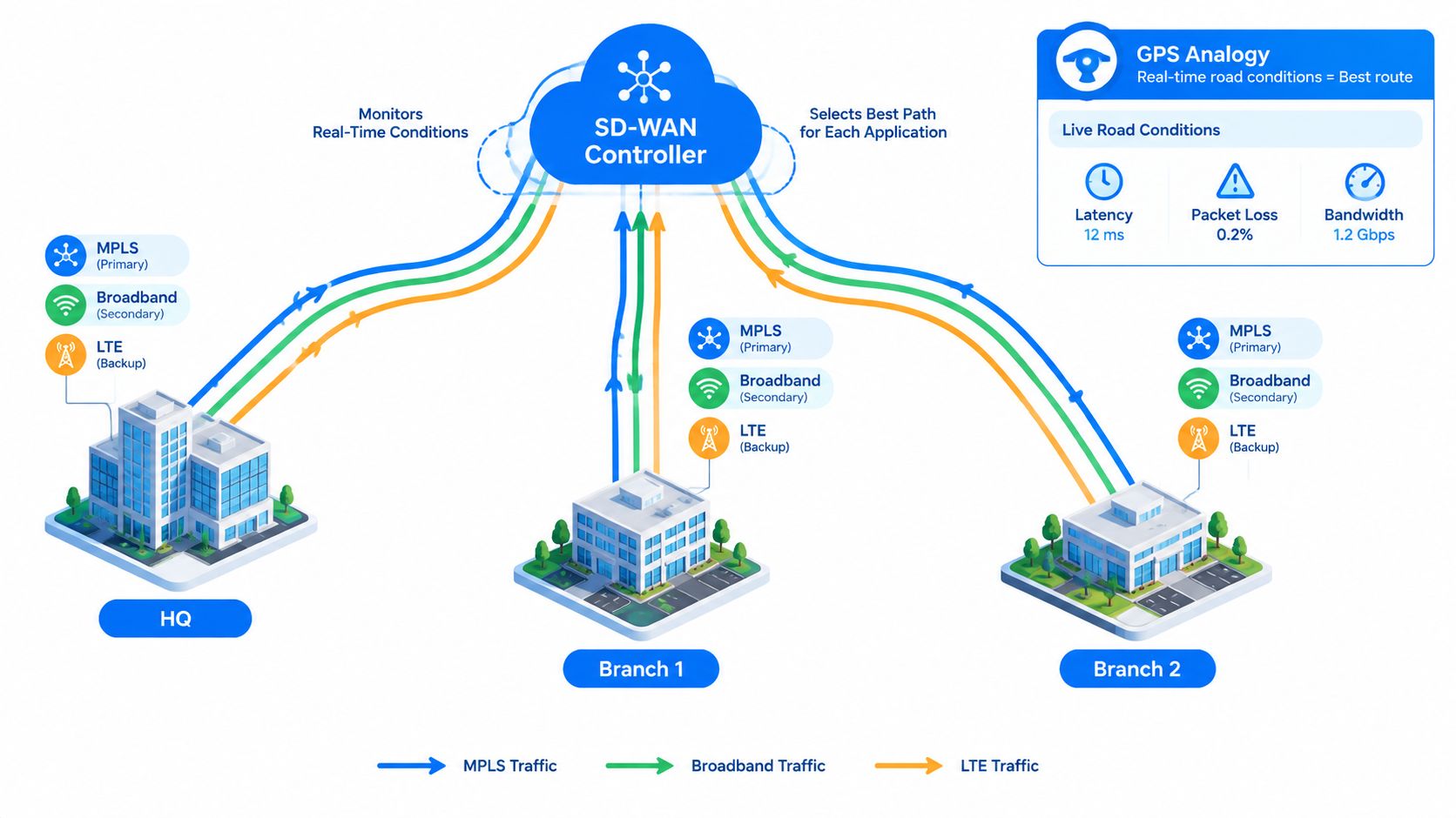 A diagram illustrating how an SD-WAN controller optimizes network traffic between headquarters and various branch offices.