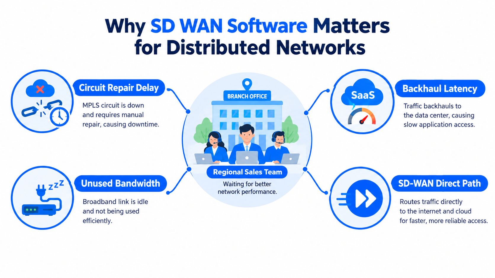 A diagram illustrating why SD-WAN software is essential for overcoming network challenges in distributed branch office environments.