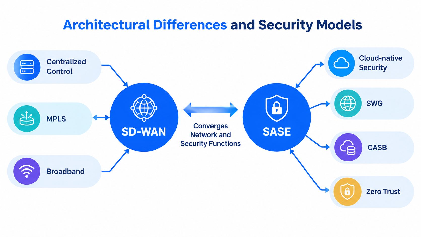 A diagram comparing SD-WAN and SASE architectures illustrating how they converge network and security functions.