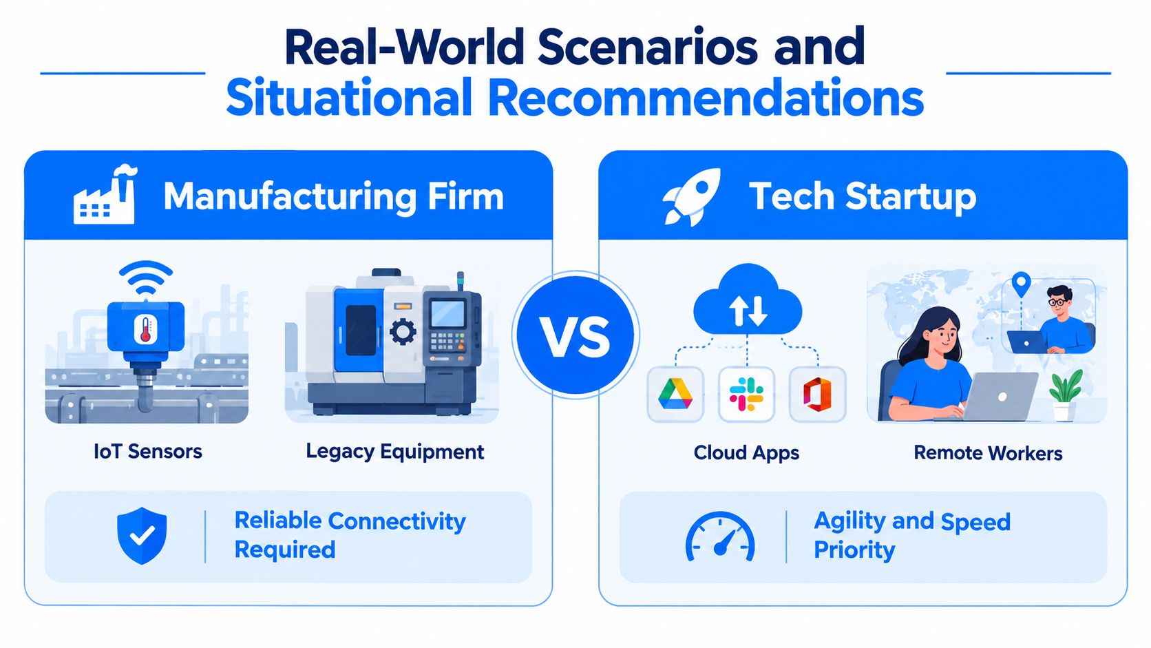 Comparison infographic showing manufacturing firm connectivity requirements versus tech startup cloud agility and speed priorities.