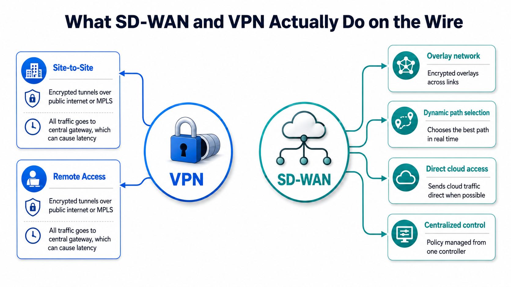 A comparative infographic illustrating the functional differences between traditional VPN and modern SD-WAN network architectures.
