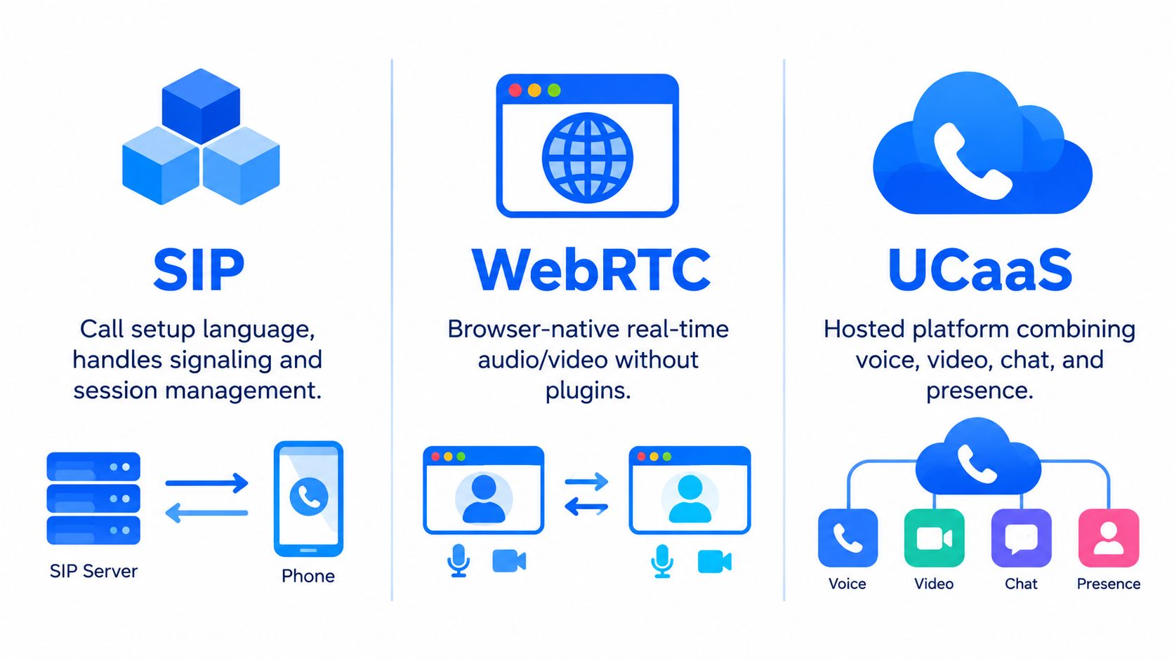 A diagram comparing SIP, WebRTC, and UCaaS technologies for real-time communication and business collaboration platforms.