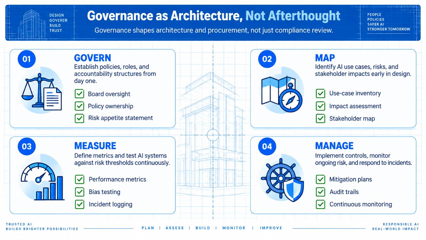 A four-step infographic illustrating AI governance as architecture, highlighting the process of govern, map, measure, and manage.