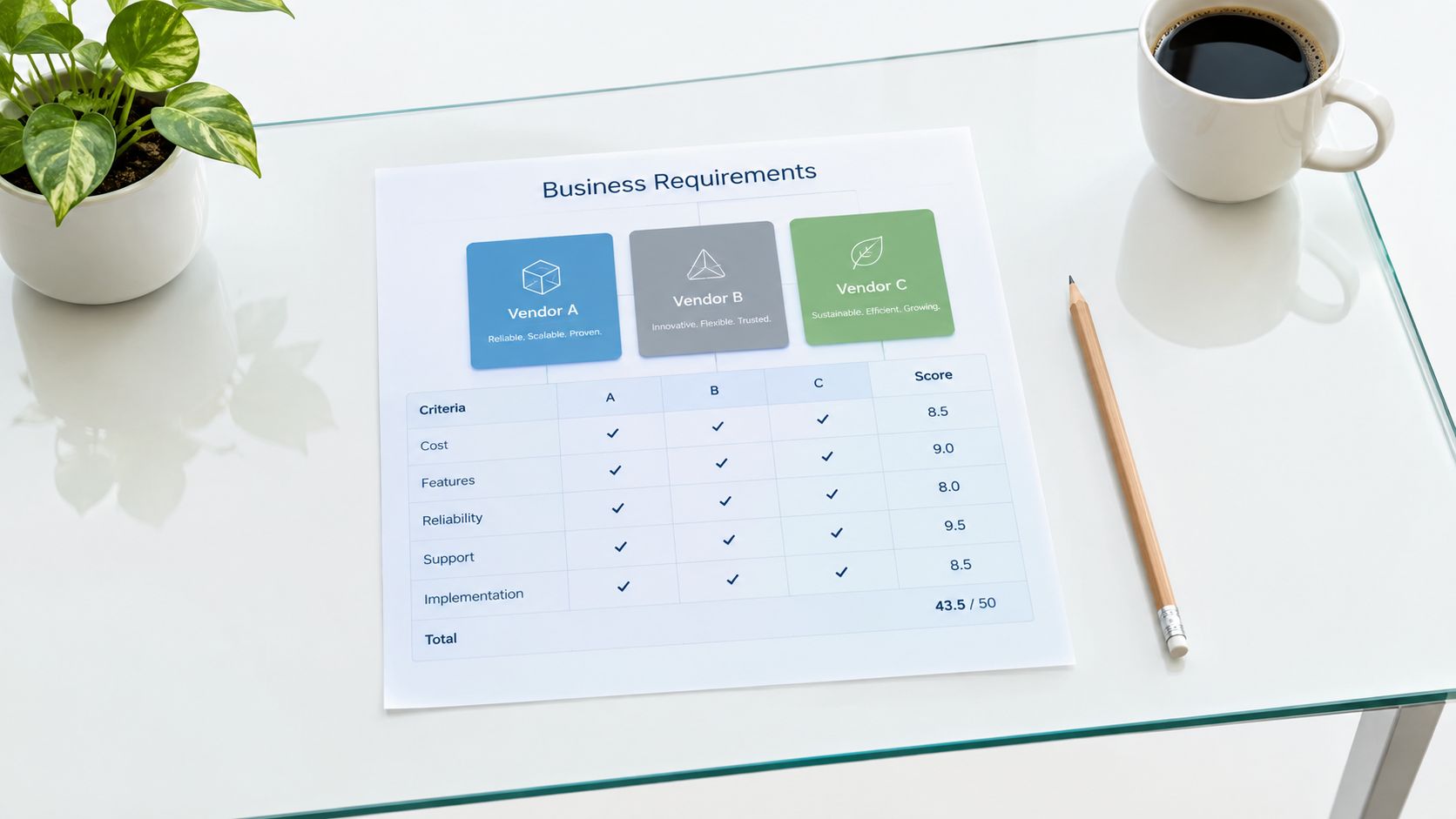 A printed chart on a desk comparing three business vendors across various criteria with checkmarks and scores.