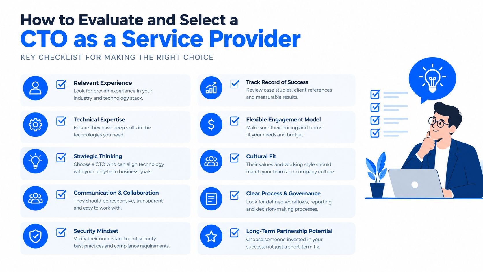 A checklist for evaluating and selecting a CTO as a Service provider to ensure business success.