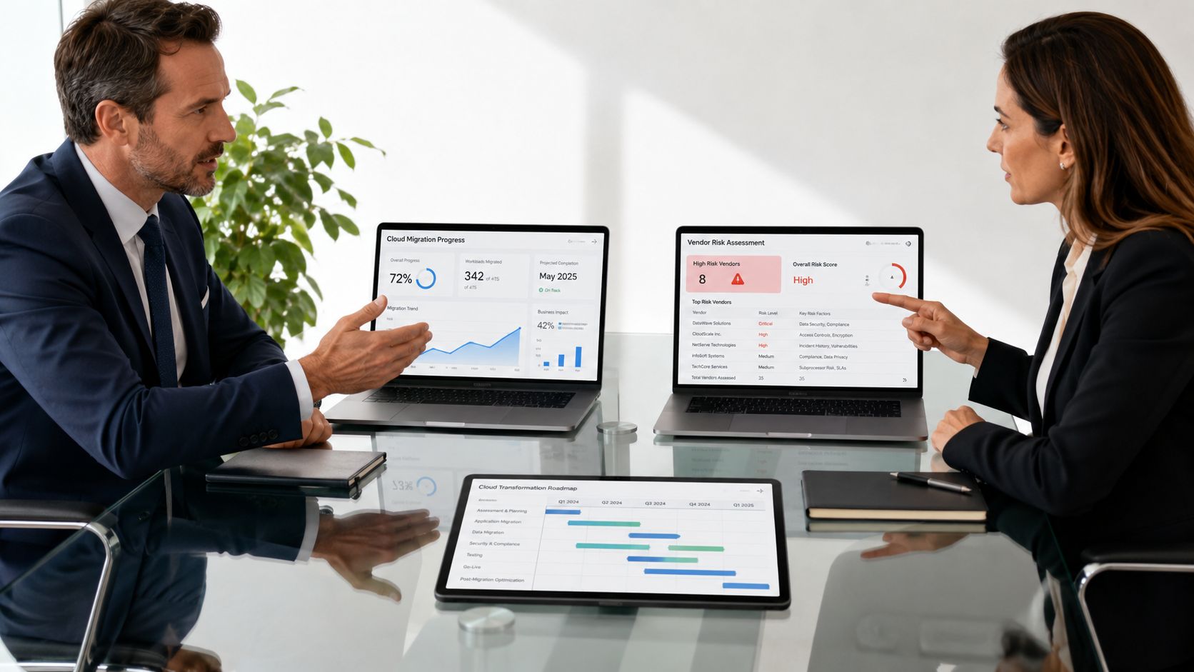 A male CIO and a female CISO reviewing digital strategy dashboards on laptops and a tablet computer.