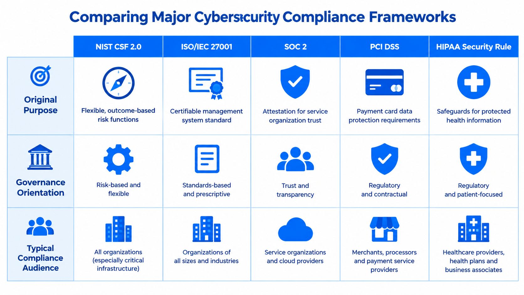 A comparison chart outlining the purpose, governance, and audience for cybersecurity frameworks NIST CSF 2.0, ISO 27001, SOC 2, PCI DSS, and HIPAA.