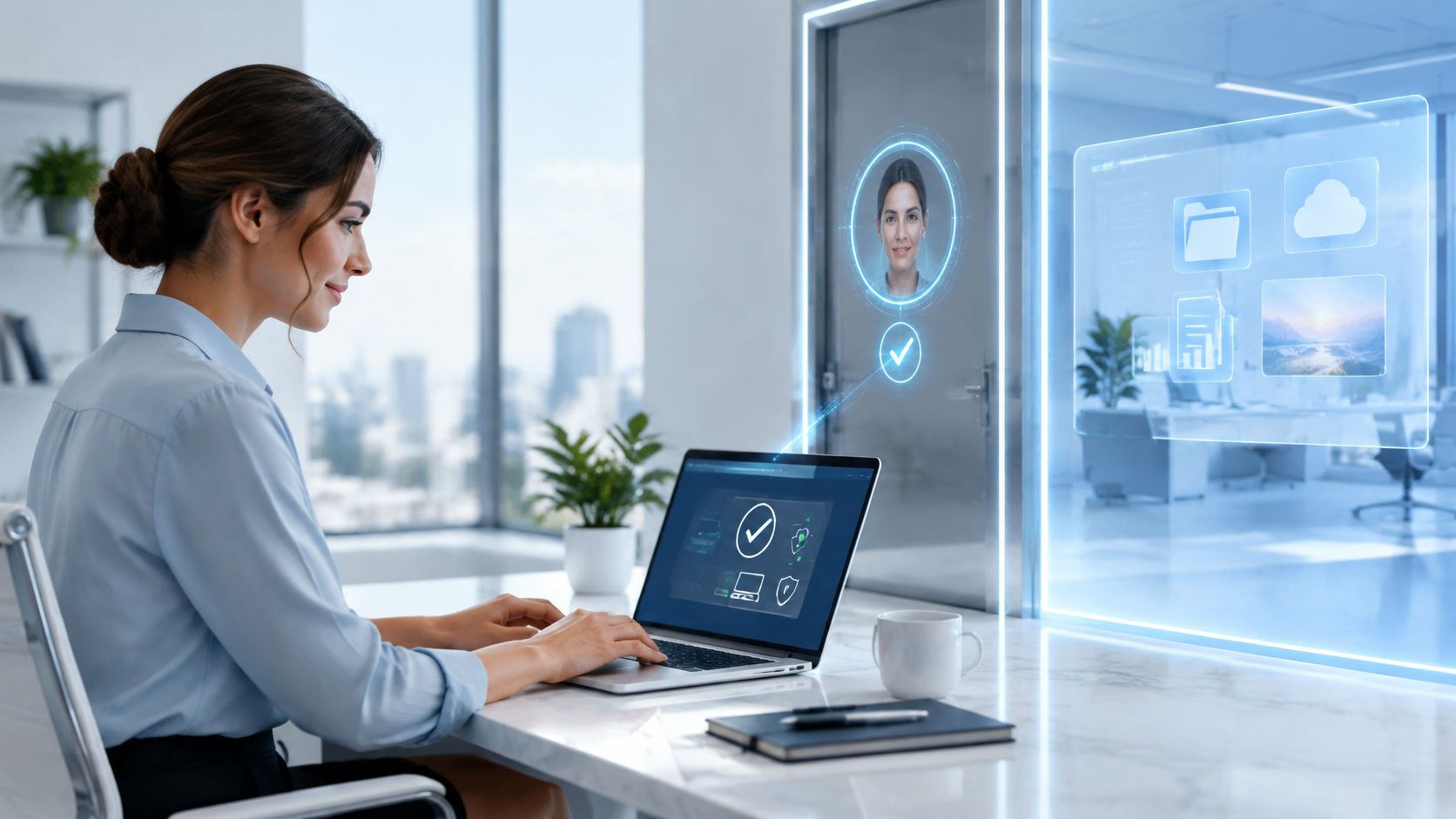 A professional woman working on a laptop with holographic cybersecurity authentication interface in a modern office.