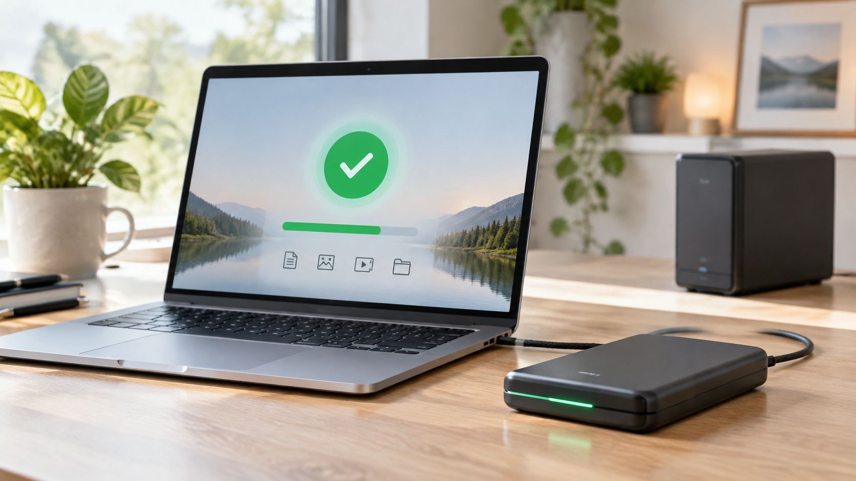 A laptop on a desk showing a completed file synchronization progress bar next to an external drive.