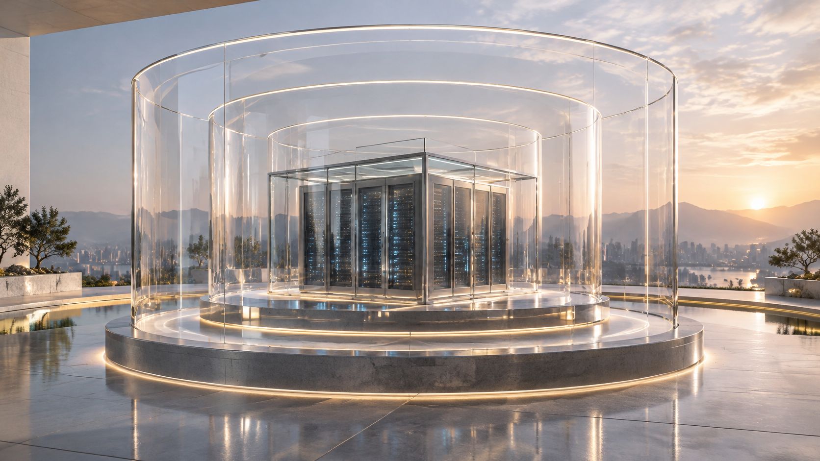 A modern, high-tech server room encased in concentric glass cylinders on a reflective stone platform outdoors.
