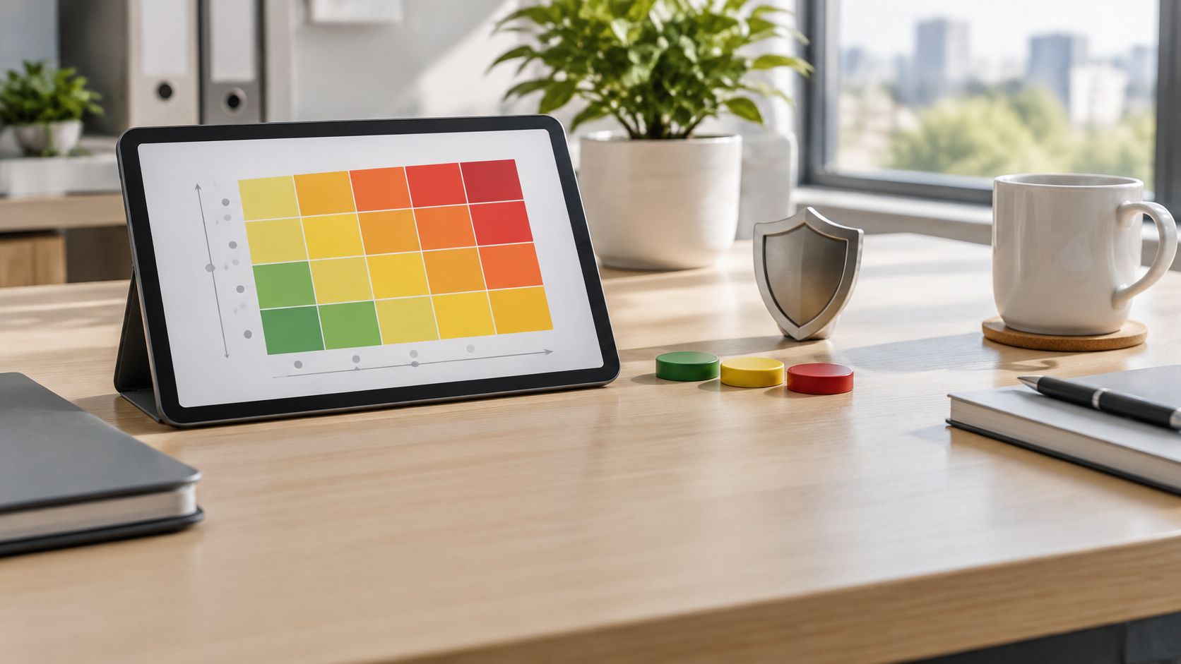A digital tablet displaying a risk assessment matrix with color-coded squares on a clean wooden office desk.