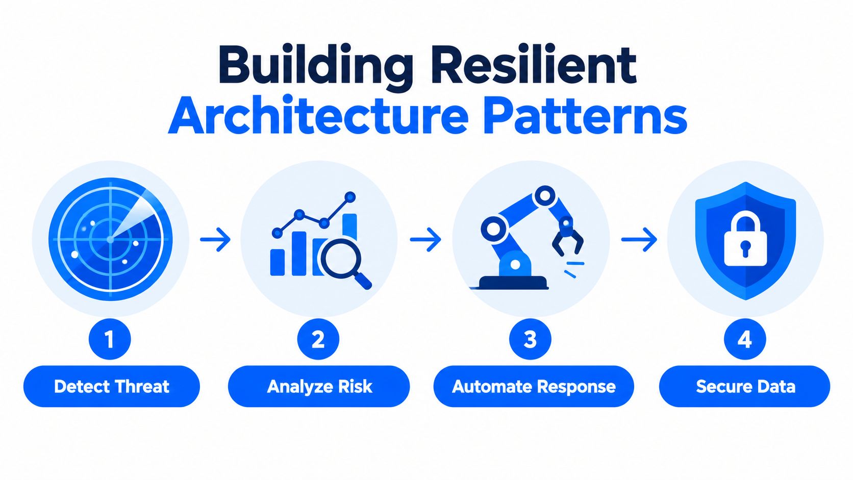 A four-step infographic illustrating resilient cybersecurity architecture patterns: detect threat, analyze risk, automate response, and secure data.