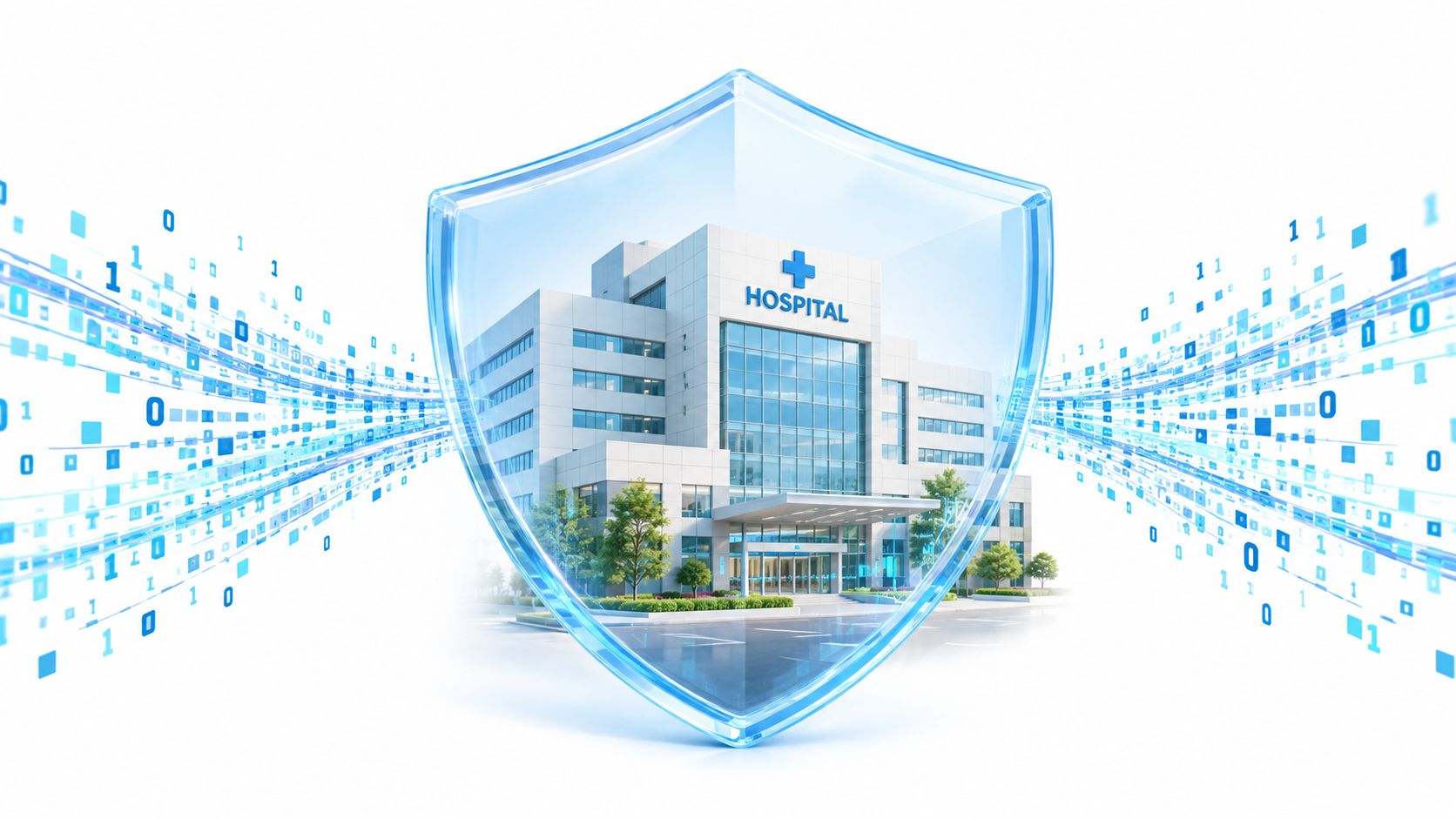 A modern hospital building protected by a transparent blue digital shield amidst streams of binary data codes.