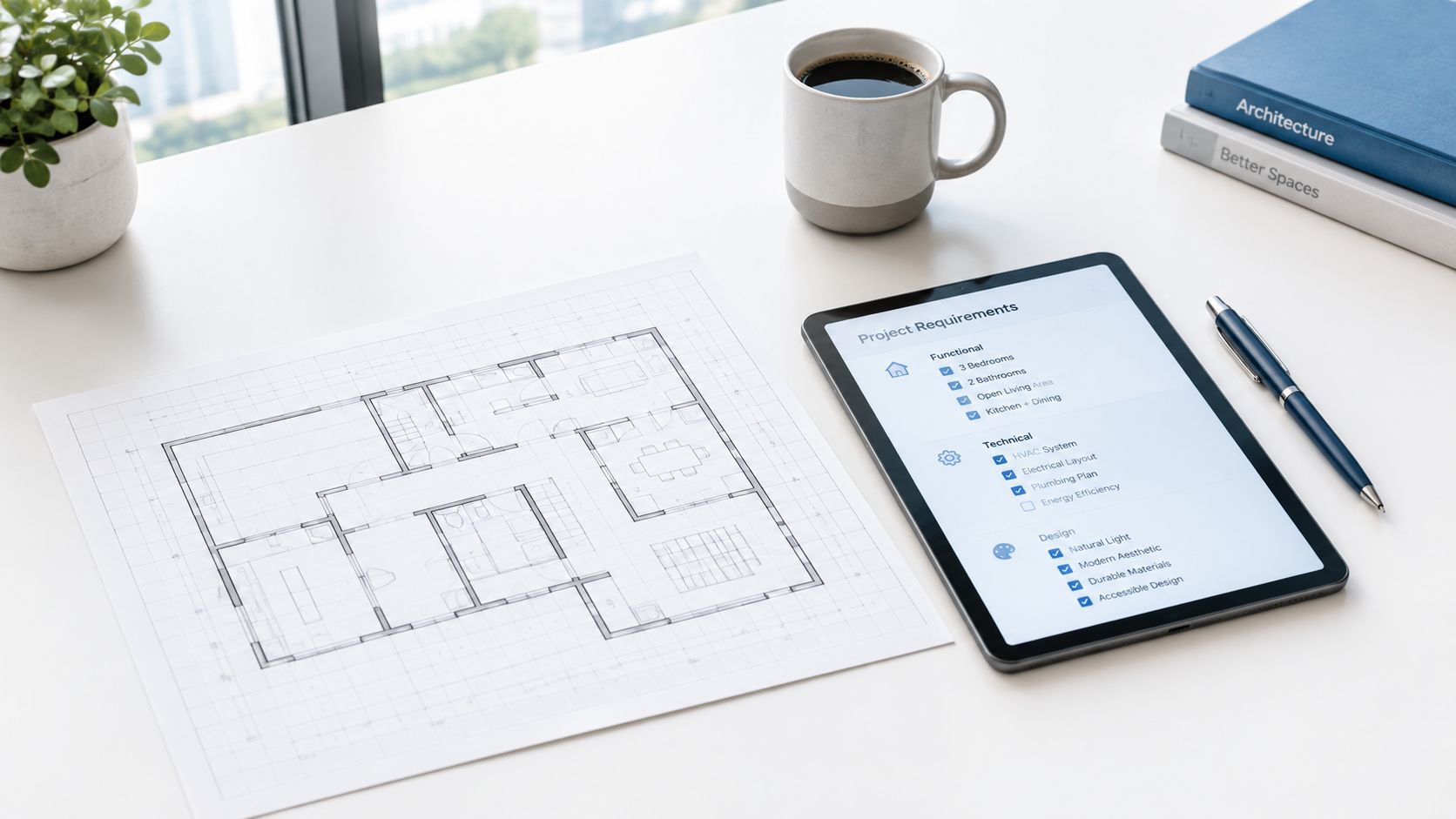 A professional desk workspace featuring an architectural floor plan, a digital tablet with project requirements, and coffee.