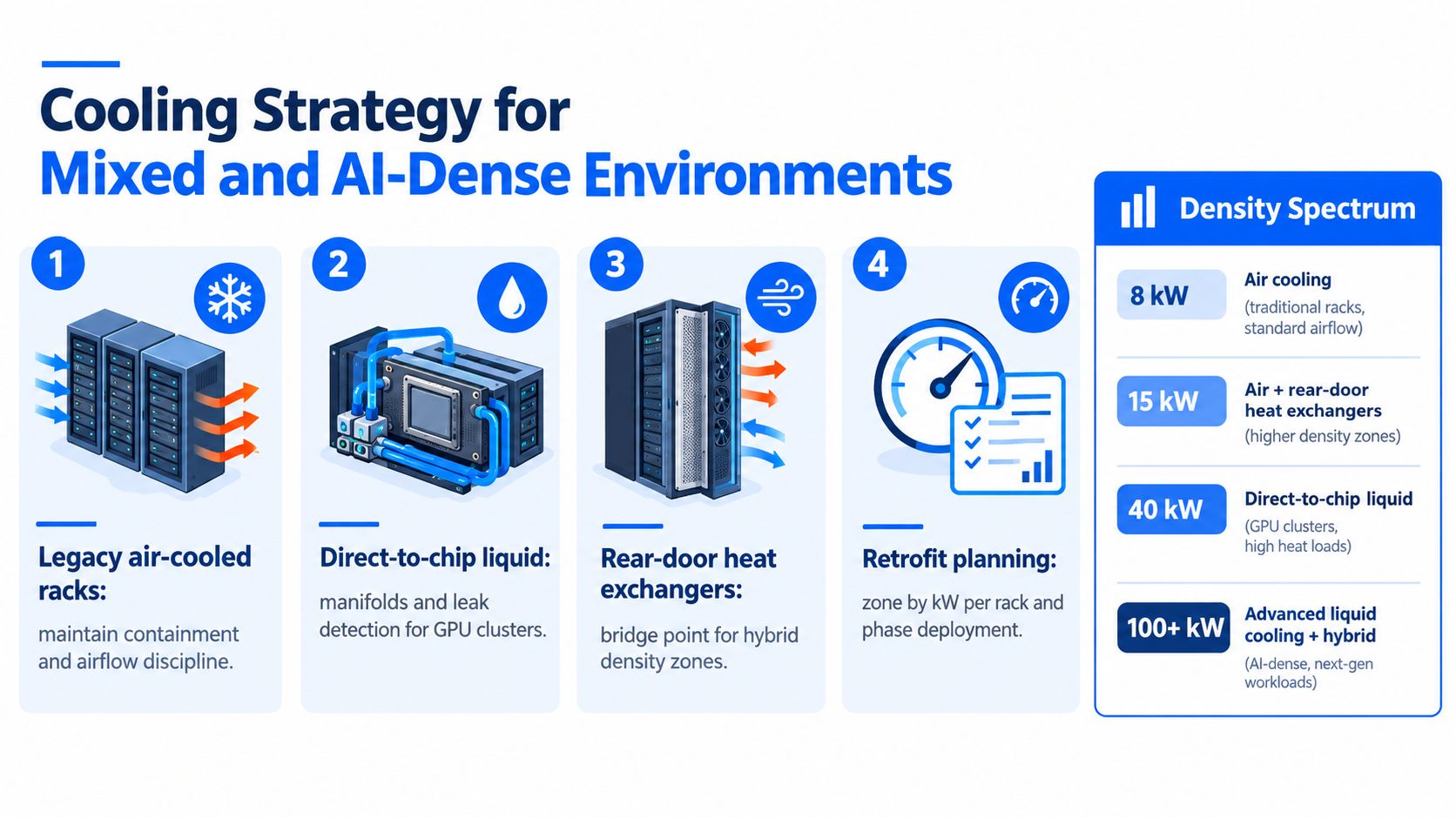 A diagram outlining cooling strategies for data centers ranging from traditional air cooling to advanced liquid cooling.
