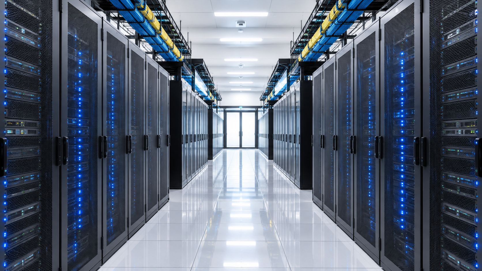 A modern data center aisle featuring rows of server racks with blinking blue status lights and cables.