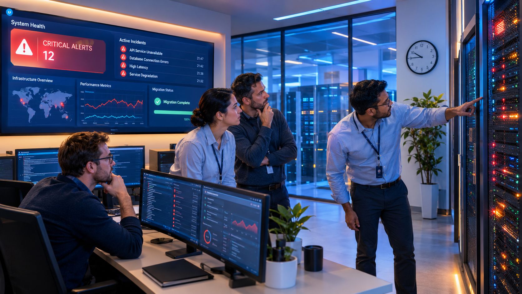 A team of IT professionals monitoring servers and data migration status in a modern server room office.