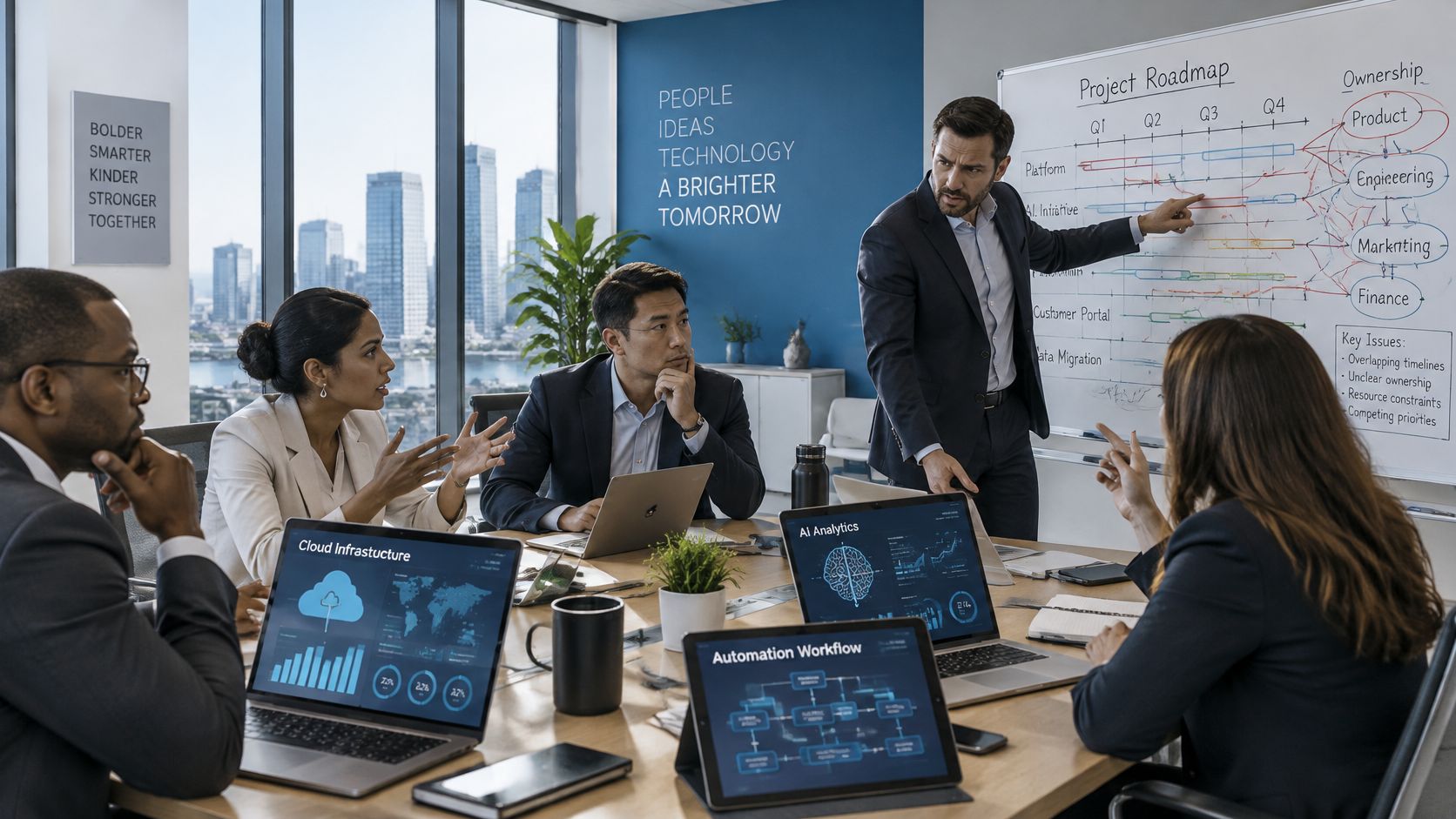 A diverse team of professionals discussing a digital strategy project roadmap during an office boardroom meeting.